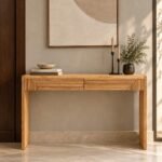 Teak Wood Console Table with geometric fluted storage drawers and natural solid teak wood finish.