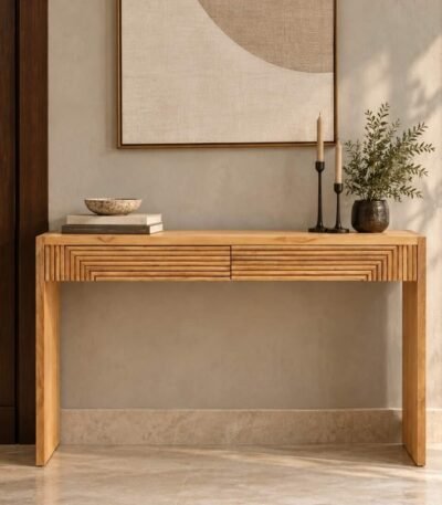 Teak Wood Console Table with geometric fluted storage drawers and natural solid teak wood finish.