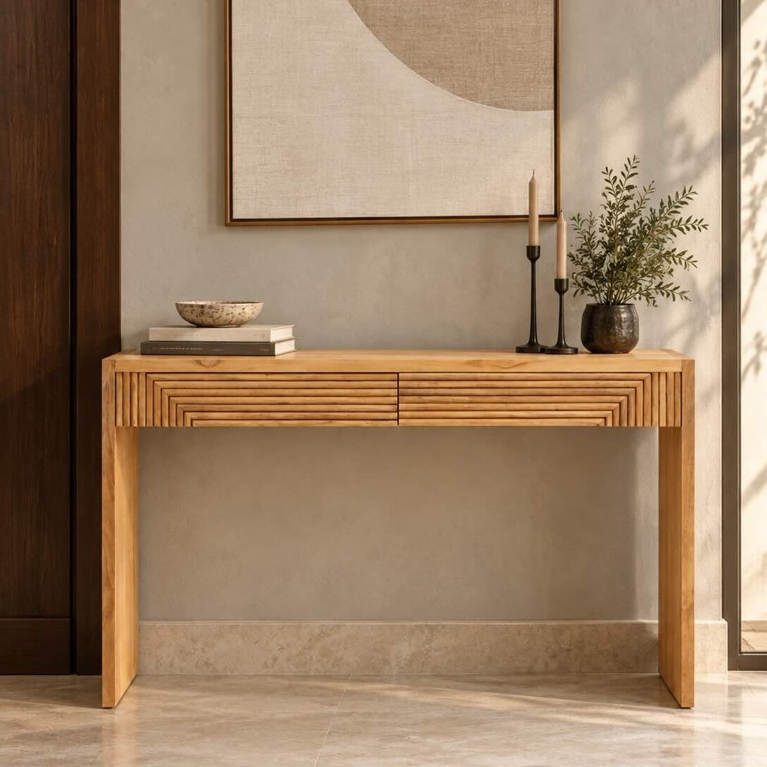 Cavero Solid Teak Wood Console Table with Geometric Fluted Drawers Teak Wood Console Table with geometric fluted storage drawers and natural solid teak wood finish.
