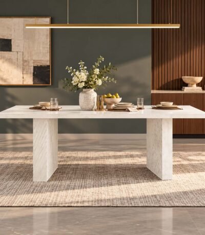 Chalkridge solid mango wood 6 seater dining table with 72-inch rectangular tabletop, chevron panel legs and whitewashed finish.