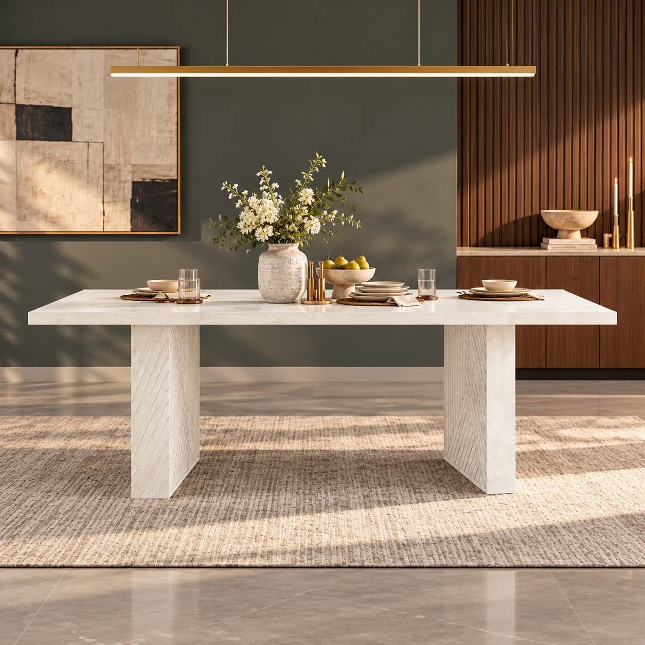 Chalkridge Solid Mango Wood 6 Seater Dining Table with Chevron Panel Legs in Whitewashed Finish Chalkridge solid mango wood 6 seater dining table with 72-inch rectangular tabletop, chevron panel legs and whitewashed finish.