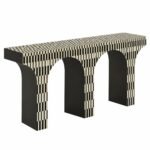 Archevique | Handcrafted Bone Inlay Console Table with Black & Ivory Checkerboard Pattern and Triple Arched Legs – Wooden Slice - Image 3
