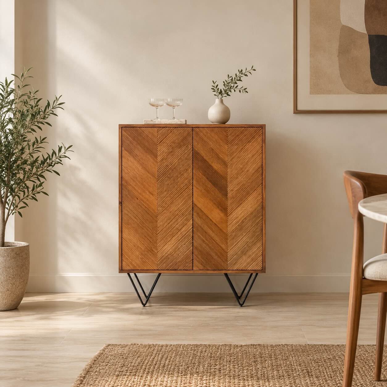 Chevronique Mango Wood Bar Cabinet in Natural Finish Chevronique mango wood bar cabinet with chevron-ribbed doors, natural finish and black metal V-shaped legs