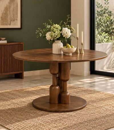 Column & Curve dark brown sculptural round dining table made from solid wood with 55-inch circular top and multi-pillar pedestal base.