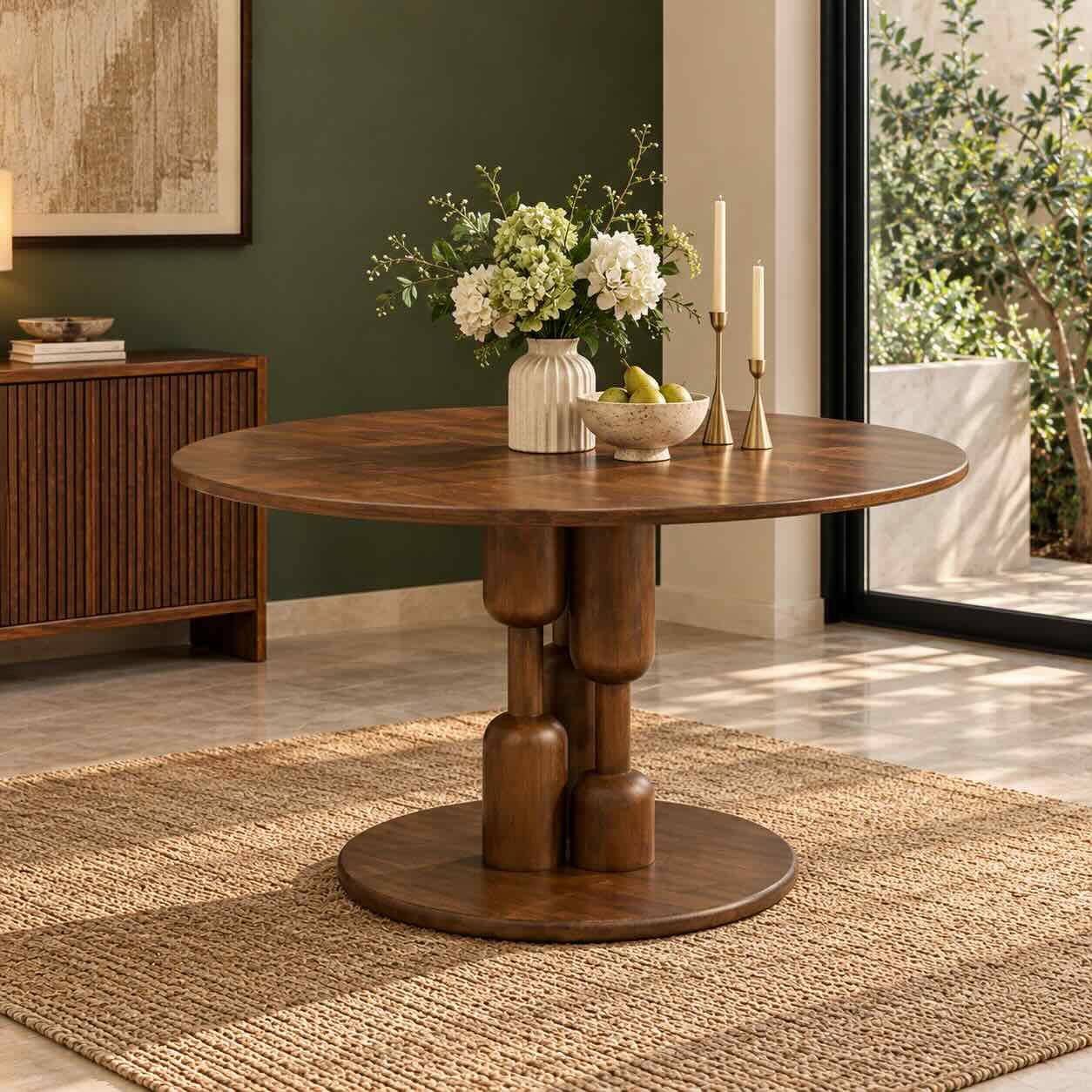 Column & Curve Dark Brown Sculptural Round Dining Table with Wooden Pillar Base Column & Curve dark brown sculptural round dining table made from solid wood with 55-inch circular top and multi-pillar pedestal base.