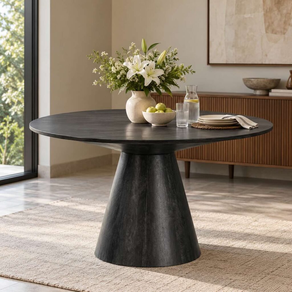 Conetra Black Mango Wood Dining Table with 50-inch round tabletop, sculptural conical pedestal base and black stained finish.