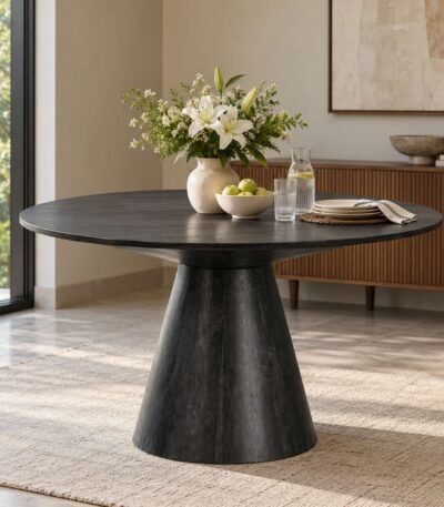 Conetra Black Mango Wood Dining Table with 50-inch round tabletop, sculptural conical pedestal base and black stained finish.