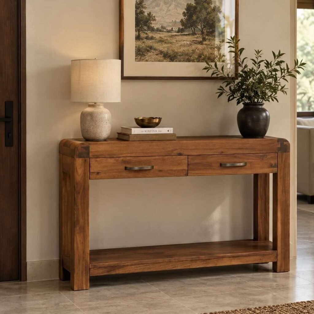 Acacia Wood Console Table with two drawers and open shelf in natural finish.