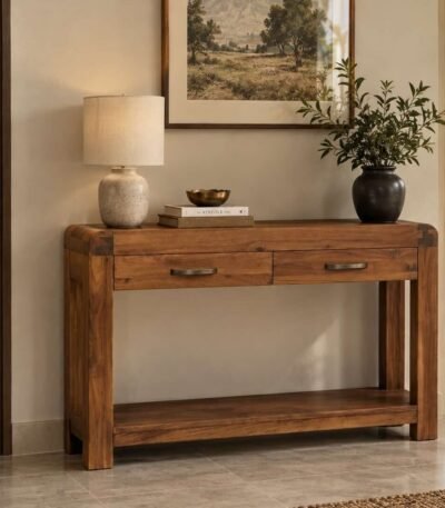 Acacia Wood Console Table with two drawers and open shelf in natural finish.
