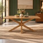 Crosshaven acacia wood X base dining table for six people with rectangular natural wood tabletop and sculptural crossed wooden trestle legs.