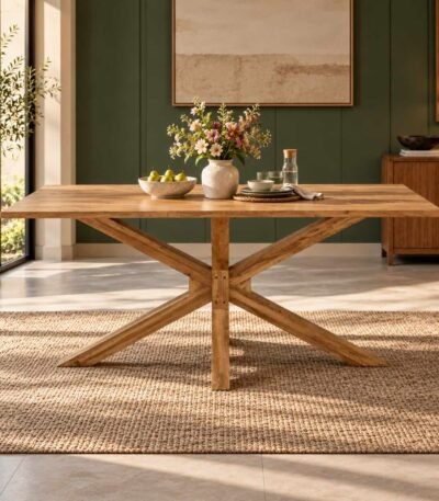 Crosshaven acacia wood X base dining table for six people with rectangular natural wood tabletop and sculptural crossed wooden trestle legs.