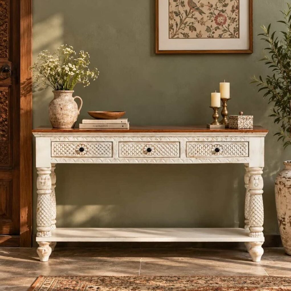Carved Wooden Console Table with three decorative drawers, turned wooden legs and an open shelf in distressed white and natural wood finish.