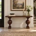 Solid Wood Console Table with turned baluster legs in brown finish.