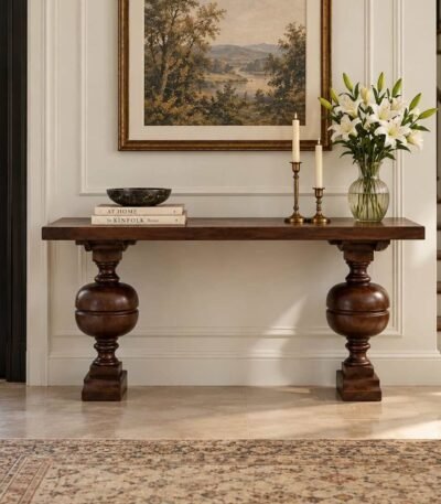 Solid Wood Console Table with turned baluster legs in brown finish.