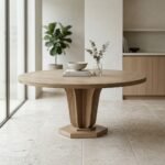Dovren round solid wood dining table in burnt oak finish with a 55-inch tabletop