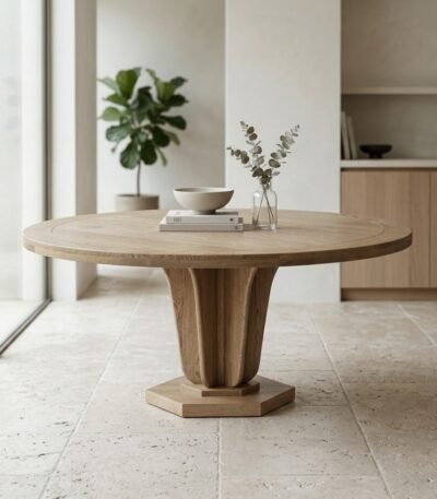 Dovren round solid wood dining table in burnt oak finish with a 55-inch tabletop