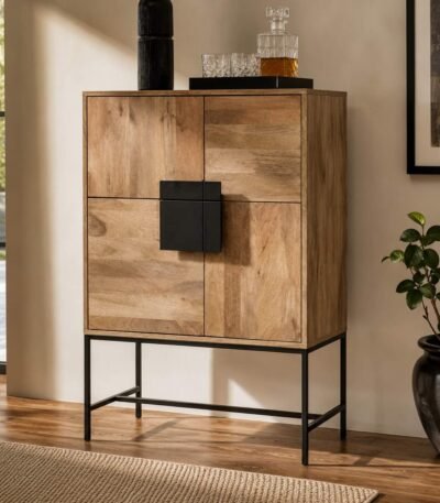 Drevanto solid mango wood wine bar cabinet with geometric panel doors, 12 bottle holders, and a dark iron stand in natural finish.