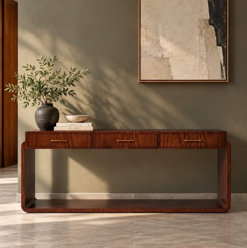 Solid Wood Console Table with 3 drawers, rounded rectangular frame and open lower shelf in walnut brown finish.