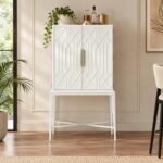 Elarvique white solid wood bar cabinet with geometric raised-panel doors, metallic handle, and tapered legs