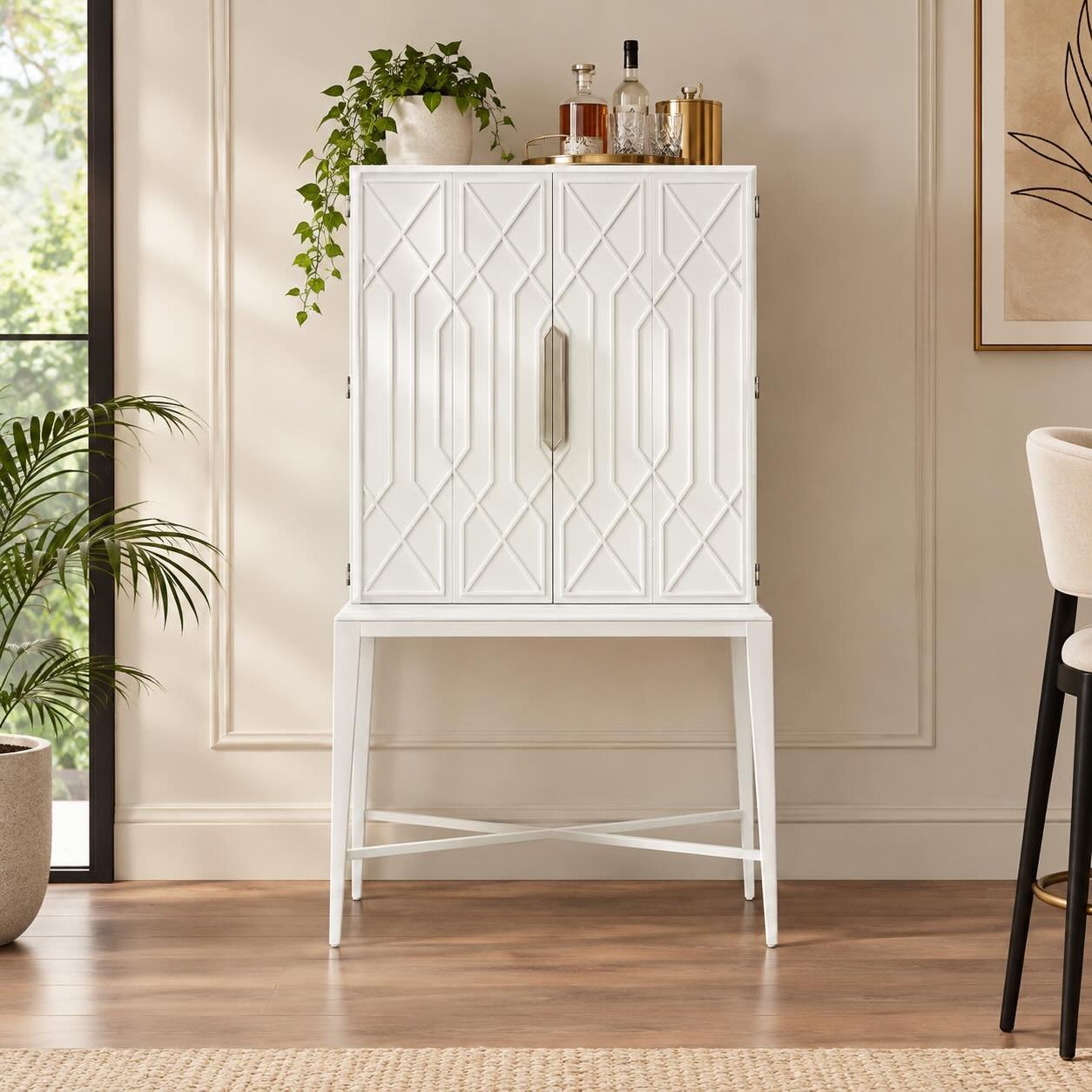 Elarvique White Solid Wood Bar Cabinet Elarvique white solid wood bar cabinet with geometric raised-panel doors, metallic handle, and tapered legs
