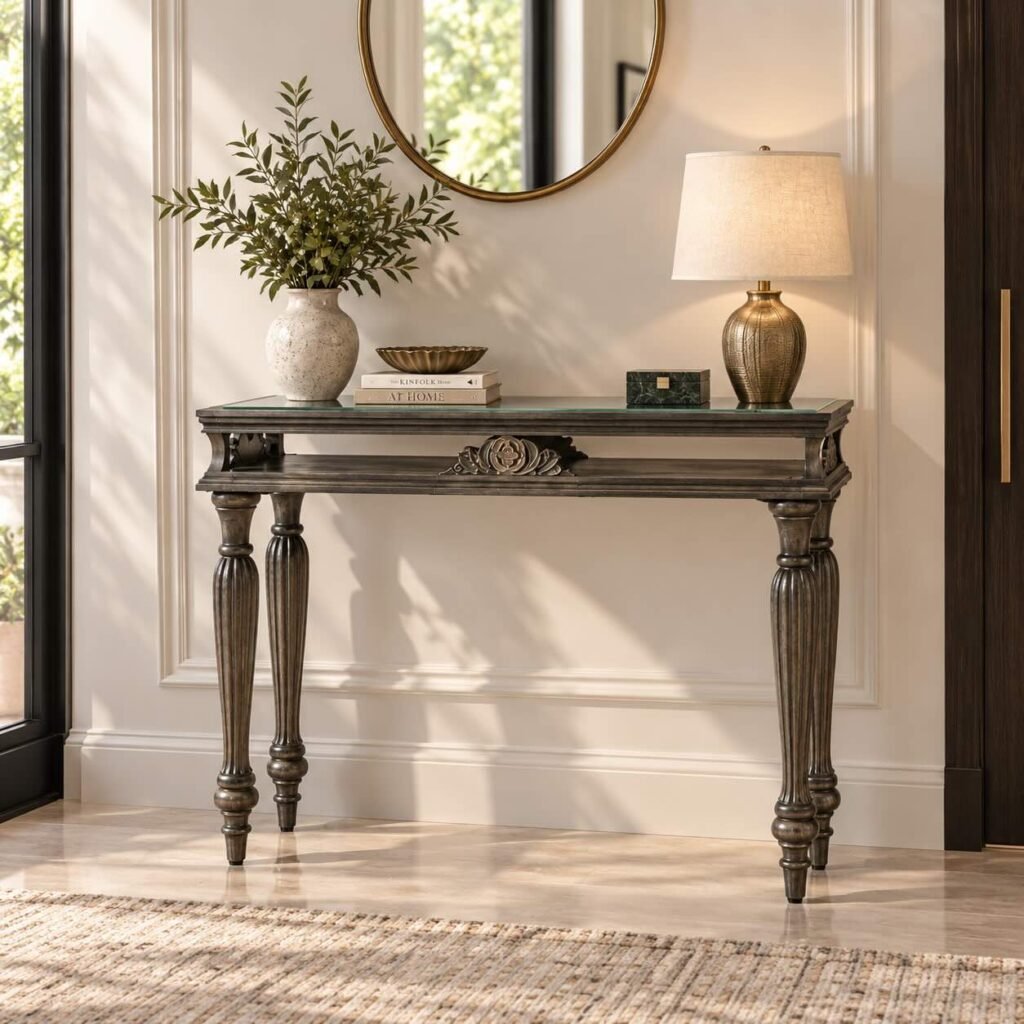 Sheesham Wood Console Table with carved legs and glass top in grey finish.