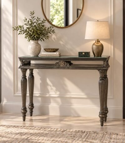 Sheesham Wood Console Table with carved legs and glass top in grey finish.