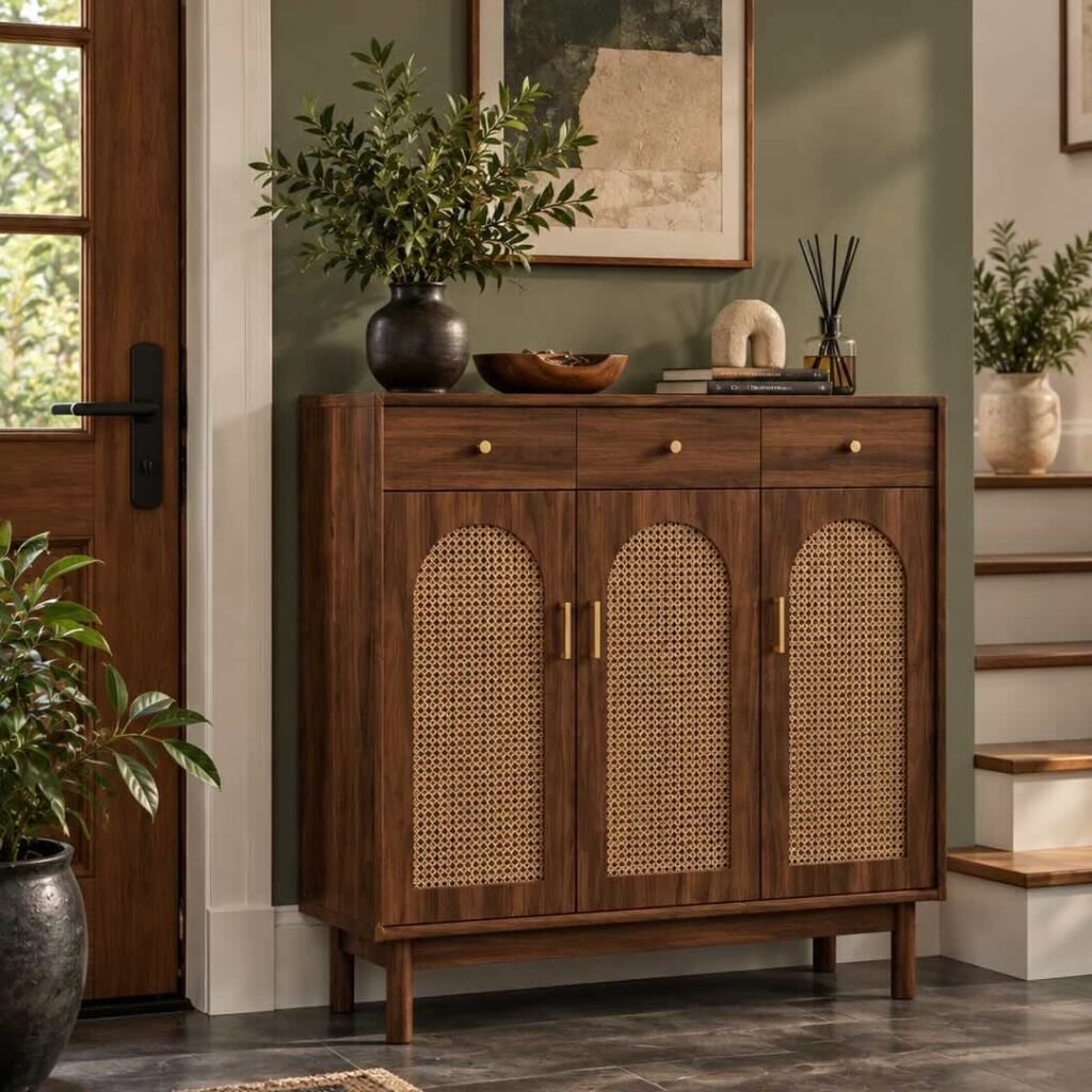 Marcelline Rattan Shoe Cabinet with three arched woven rattan doors and solid wood frame in brown finish.