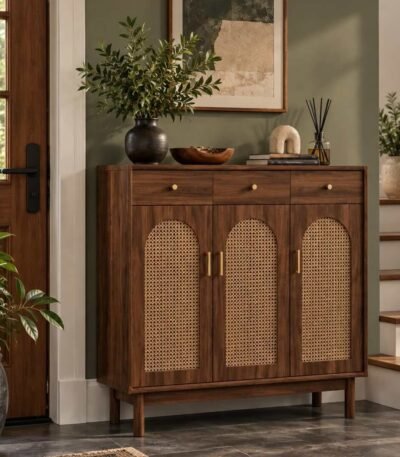 Marcelline Rattan Shoe Cabinet with three arched woven rattan doors and solid wood frame in brown finish.