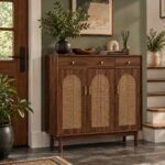 Rattan Shoe Cabinet with 3 arched doors and drawers in brown solid wood finish.