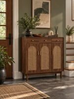 Rattan Shoe Cabinet with 3 arched doors and drawers in brown solid wood finish.