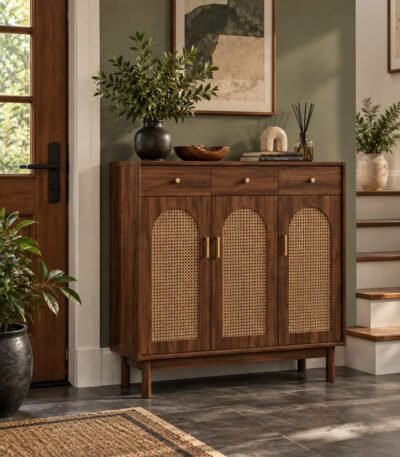 Rattan Shoe Cabinet with 3 arched doors and drawers in brown solid wood finish.