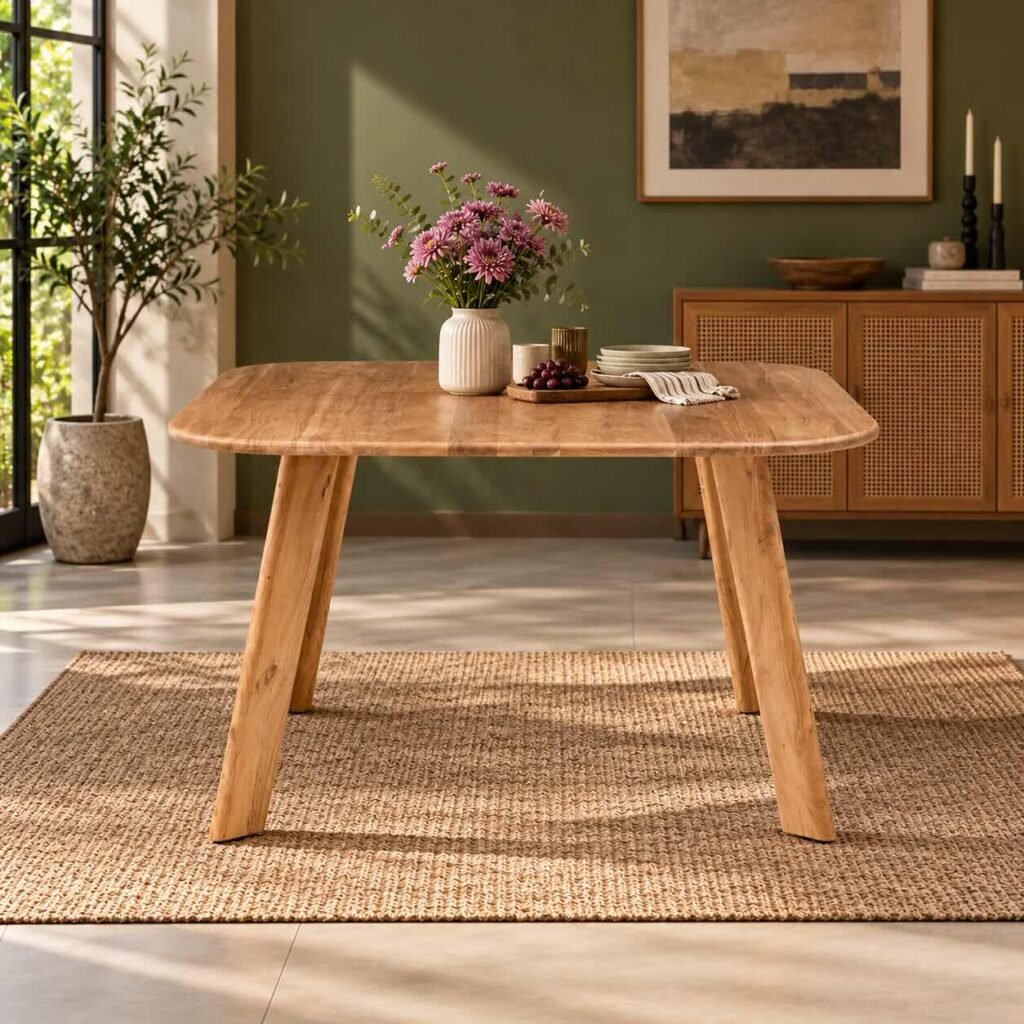 Elmbrook acacia wood splayed leg dining table with natural finish, rounded rectangular tabletop and outward-angled solid wooden legs.