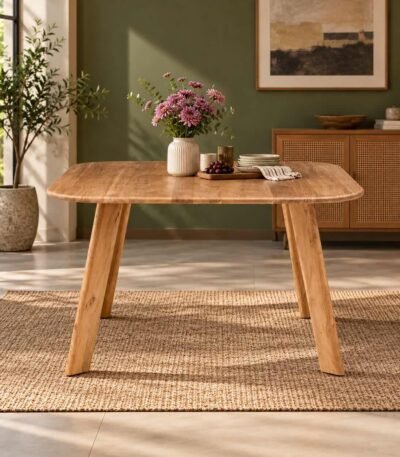 Elmbrook acacia wood splayed leg dining table with natural finish, rounded rectangular tabletop and outward-angled solid wooden legs.