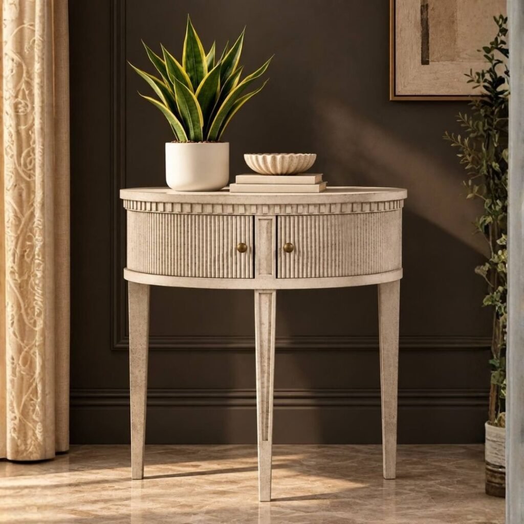 Solid Wood End Table with curved fluted storage and tapered legs in Antique Grey finish.