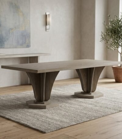 6 seater dining table in burnt oak finish with pedestal base