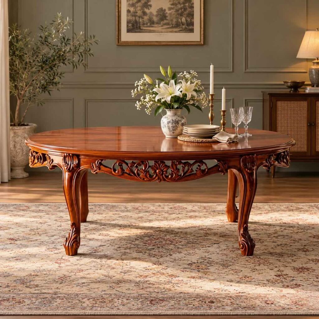 Floravelle Carved Teakwood Dining Table with oval tabletop, intricate floral apron, cabriole legs and natural wood finish.