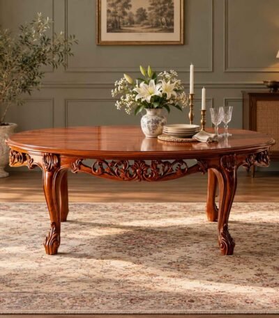 Floravelle Carved Teakwood Dining Table with oval tabletop, intricate floral apron, cabriole legs and natural wood finish.