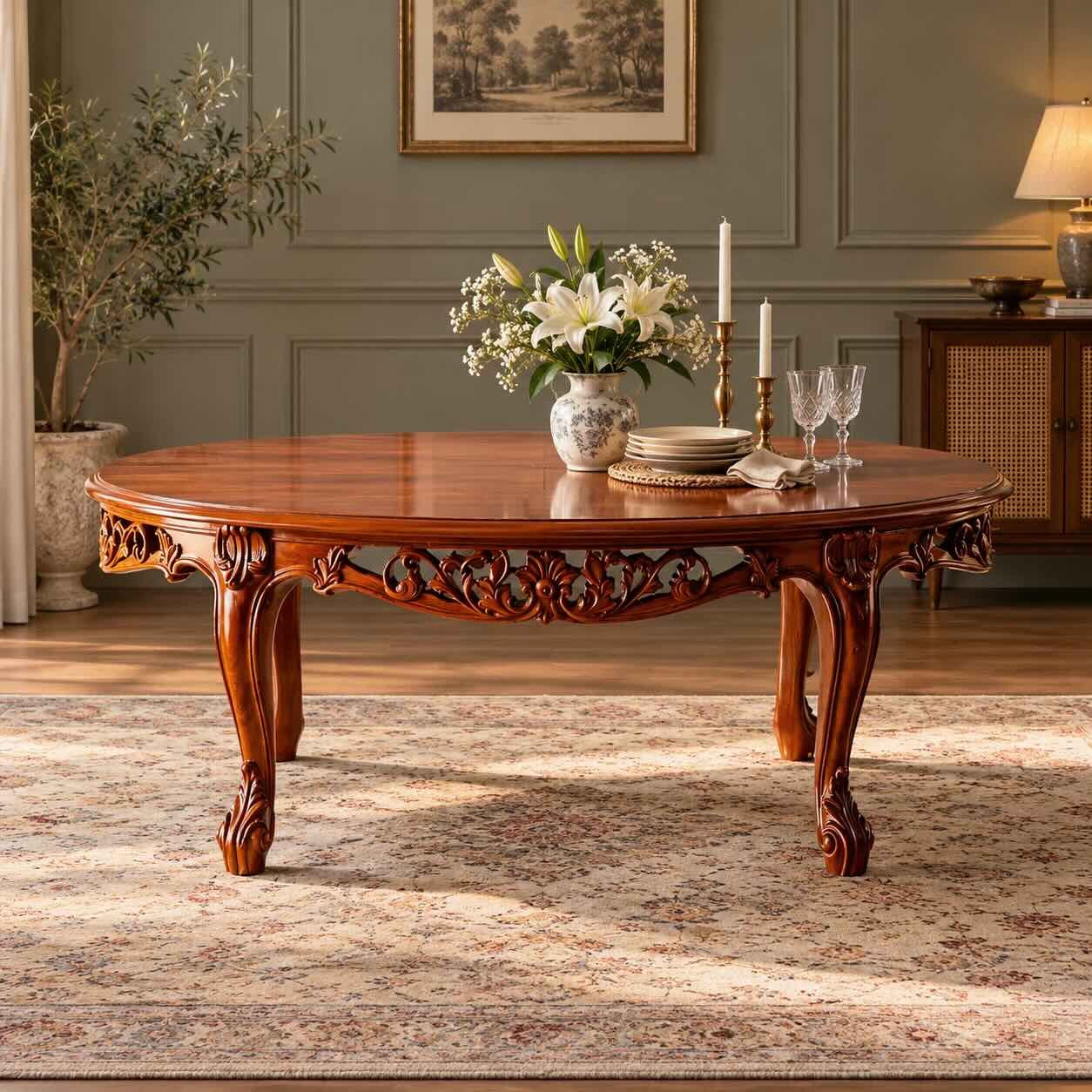 Floravelle Carved Teakwood Dining Table with Floral Detailing Floravelle Carved Teakwood Dining Table with oval tabletop, intricate floral apron, cabriole legs and natural wood finish.