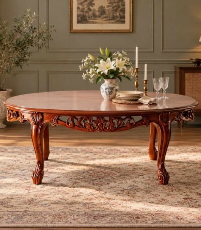 Floravelle Carved Teakwood Dining Table with oval tabletop, intricate floral apron, cabriole legs and natural wood finish.