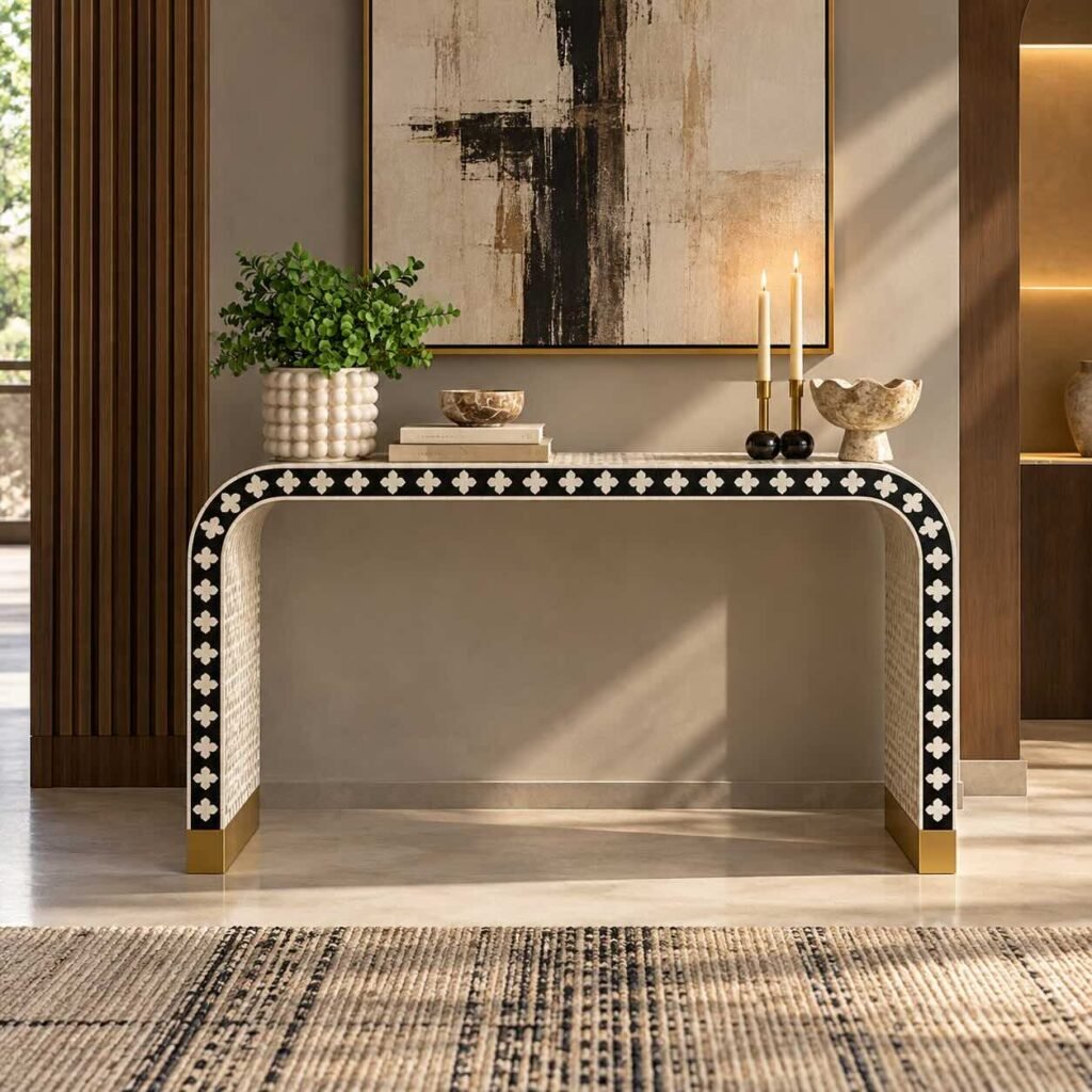 Bone Inlay Console Table with black finish, ivory floral motifs, curved waterfall legs and gold-toned base accents.