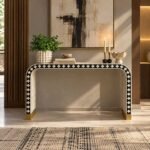Bone Inlay Console Table with black finish, ivory floral motifs, curved waterfall legs and gold-toned base accents.