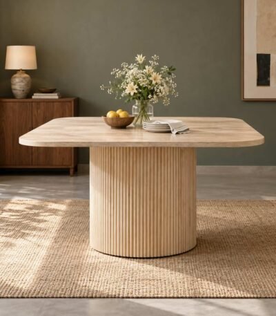 Flutera natural oak fluted dining table with rounded square tabletop, vertical ribbed cylindrical pedestal and light ivory wood finish.