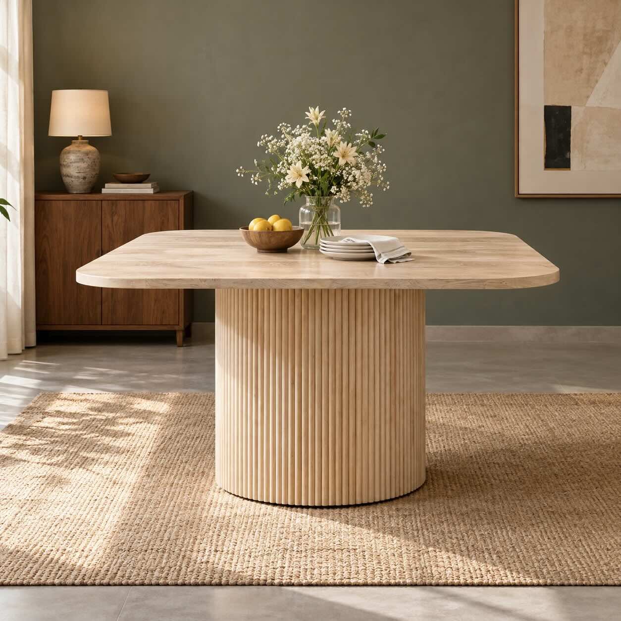 Flutera Natural Oak Wood Dining Table with Fluted Cylindrical Pedestal Flutera natural oak fluted dining table with rounded square tabletop, vertical ribbed cylindrical pedestal and light ivory wood finish.