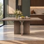 Grevano grey oak wood square dining table with sculptural three-panel base and modern minimalist design.