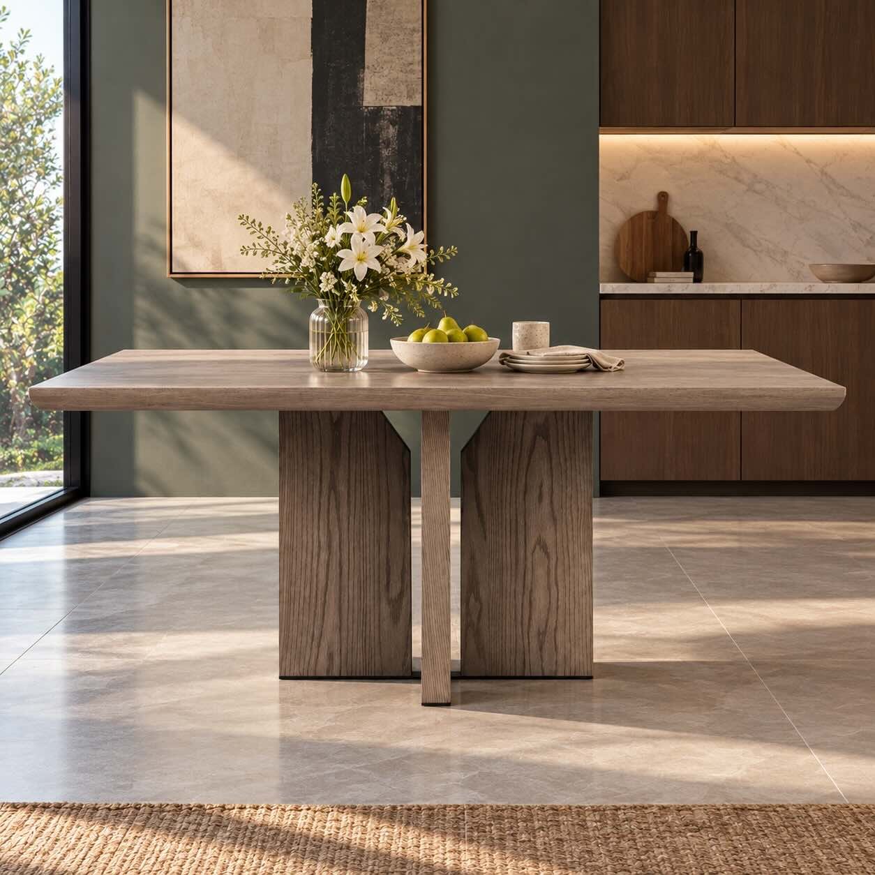 Grevano Grey Oak Wood Dining Table with Sculptural Panel Base Grevano grey oak wood square dining table with sculptural three-panel base and modern minimalist design.
