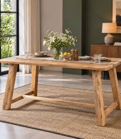 Haven A-Frame Mango Wood Trestle Dining Table with angled wooden legs, rectangular tabletop and natural finish.