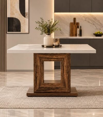 Solid Wood Square Dining Table with white tabletop, brown geometric open-frame pedestal and rectangular wooden platform base
