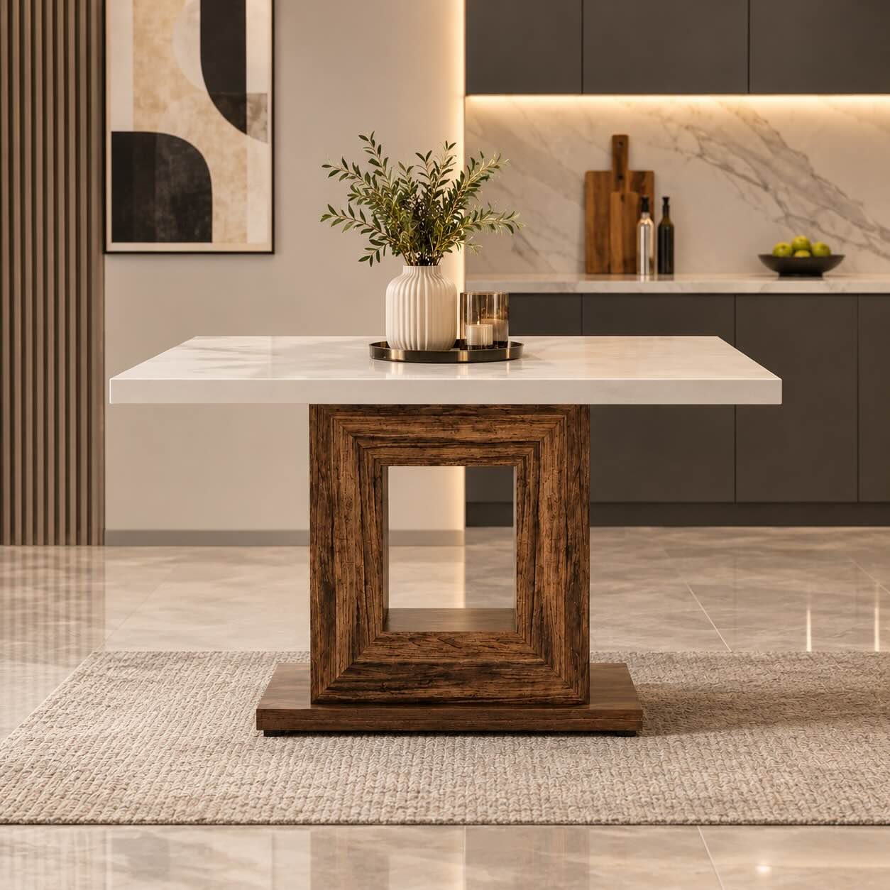 Hollis Solid Wood Square Dining Table with Open Frame Pedestal Solid Wood Square Dining Table with white tabletop, brown geometric open-frame pedestal and rectangular wooden platform base