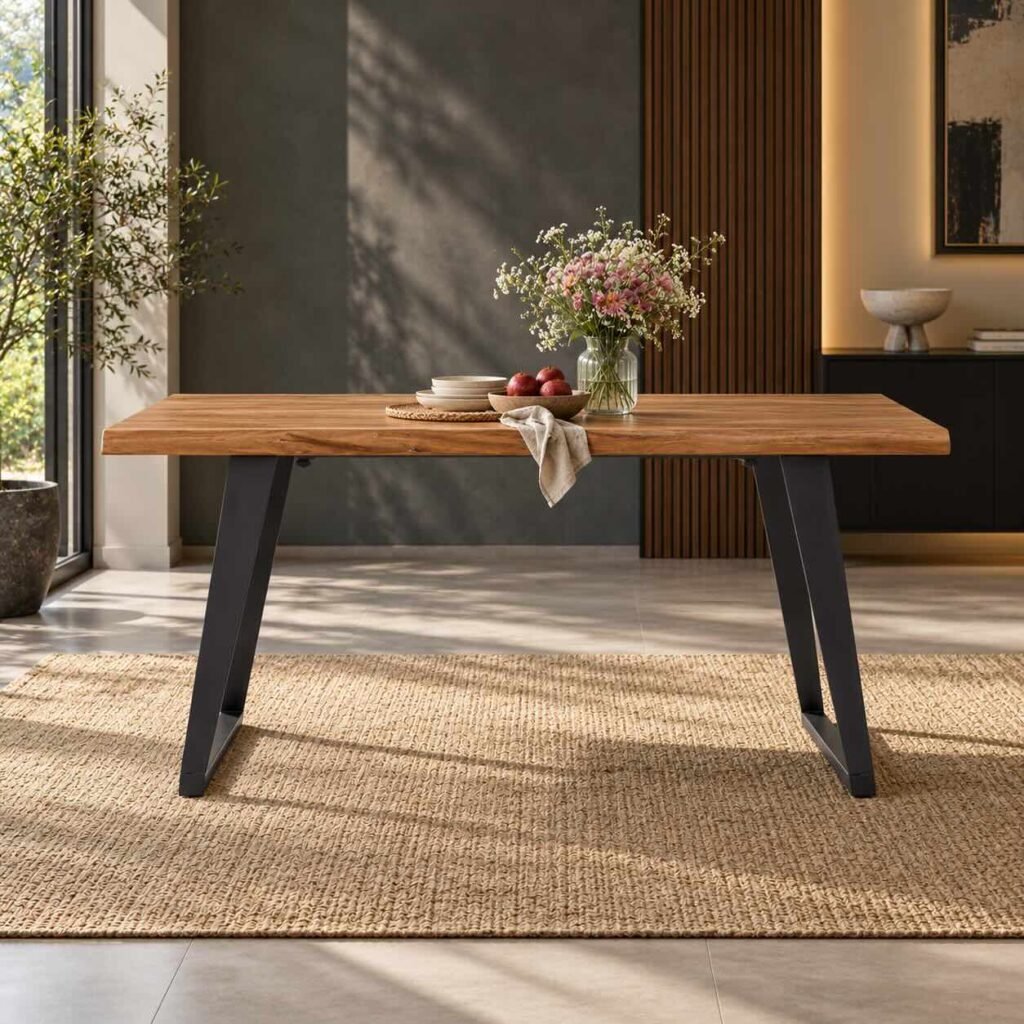 Ironstride solid wood 6 seater dining table with natural finish, 72-inch rectangular wooden top and angled black metal legs.
