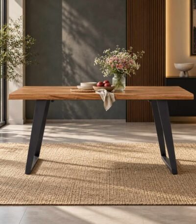 Ironstride solid wood 6 seater dining table with natural finish, 72-inch rectangular wooden top and angled black metal legs.